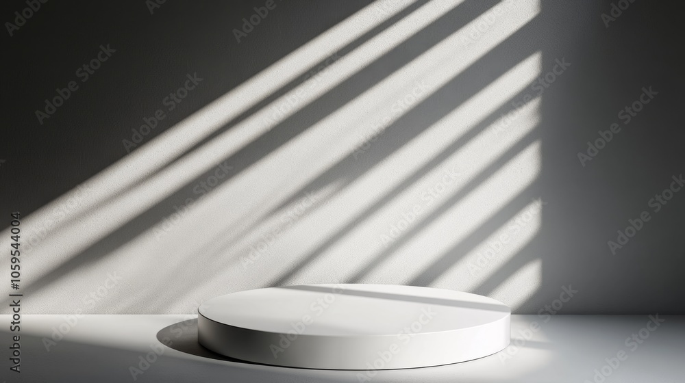 Poster exploring the aesthetic of minimalism a round platform highlighted by dramatic shadows and soft ligh