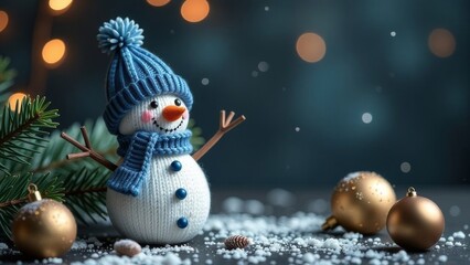 Obraz premium Christmas card made of fir trees, Christmas balls, knitted snowman on a dark background. Sparkling bokeh. Free space for text