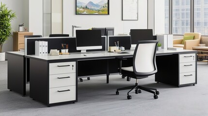 Fototapeta premium Modern Office Desk Layout in Black and White Design