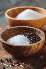 Rustic Wooden Bowls Overflowing with Black Pepper and Sea Salt on Flat Lay Generative AI