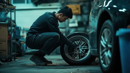 Obraz premium A person working on a tire in a garage, focusing on automotive maintenance.