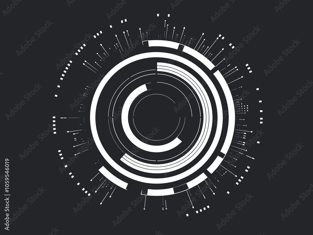 Poster circle with many lines and dots in it. the circle is white and black