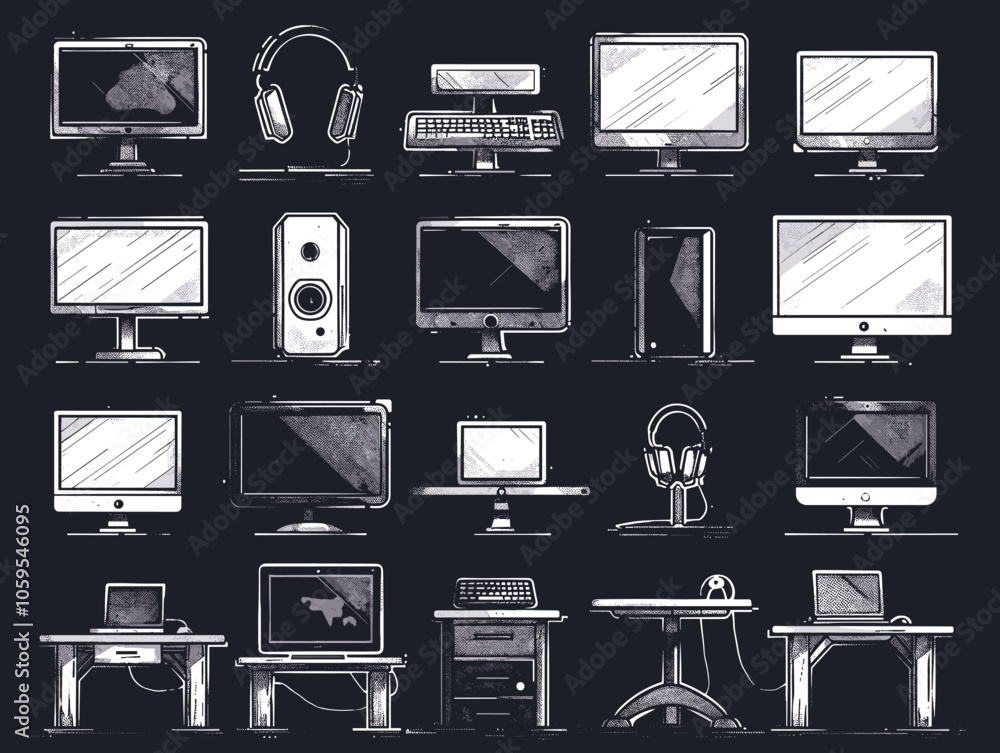 Poster collection of computer peripherals and monitors. scene is somewhat abstract and somewhat chaotic