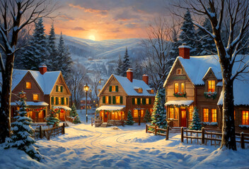 Houses with holiday lighting. Winter evening on Christmas Eve. Generative AI