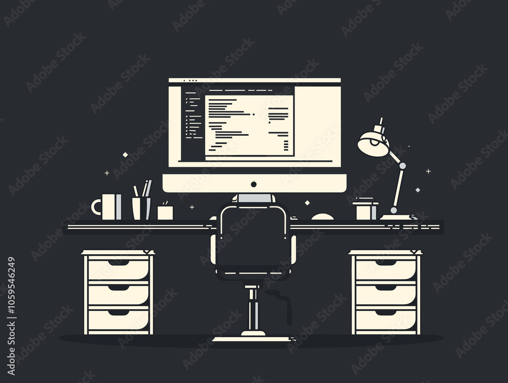 Poster computer desk with a monitor, keyboard, and mouse. a chair is placed in front of the desk. there are