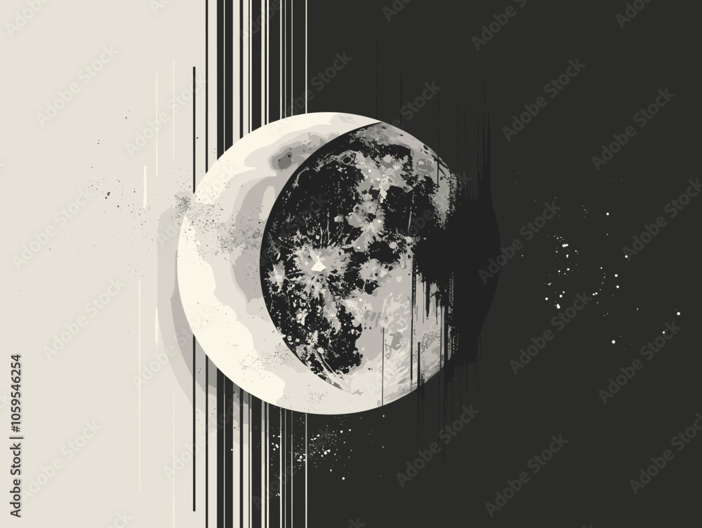 Poster black and white drawing of a moon with a crescent moon on the left side. the moon is surrounded by a