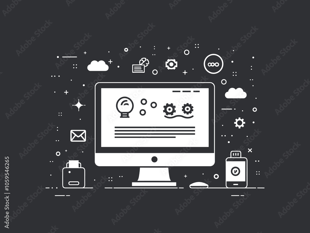 Poster computer monitor with a lot of icons on it. the icons include a keyboard, mouse, and a printer. conc
