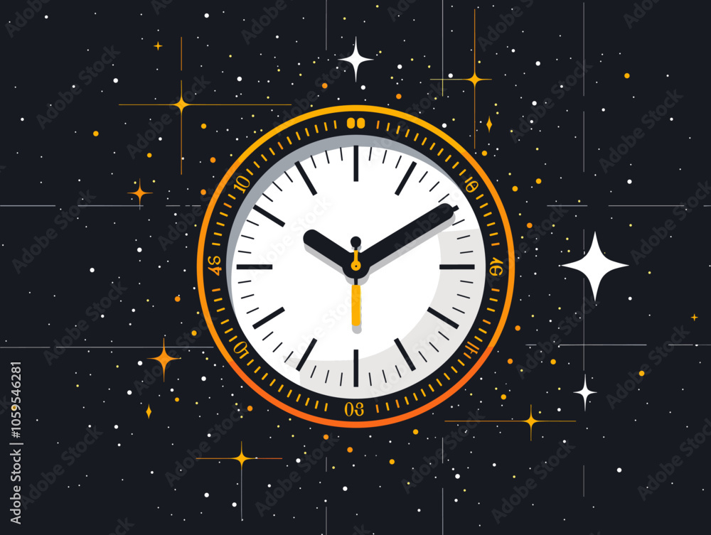Poster clock with the hands at 3:00 and 9:00. the background is filled with stars and the clock is surround