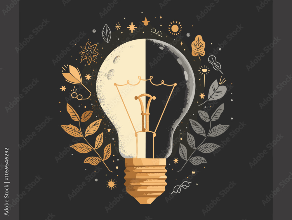 Poster light bulb is surrounded by leaves and other objects. the light bulb is lit up, and the leaves are i