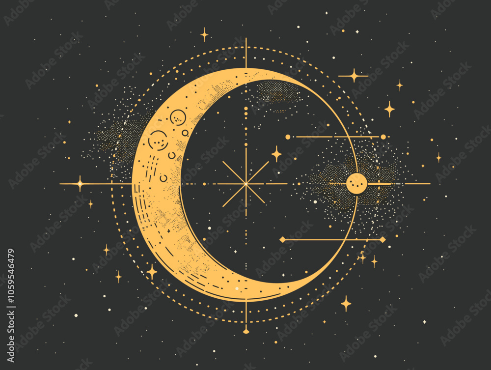 Poster computer generated image of a crescent moon with stars surrounding it. the image has a dreamy, ether