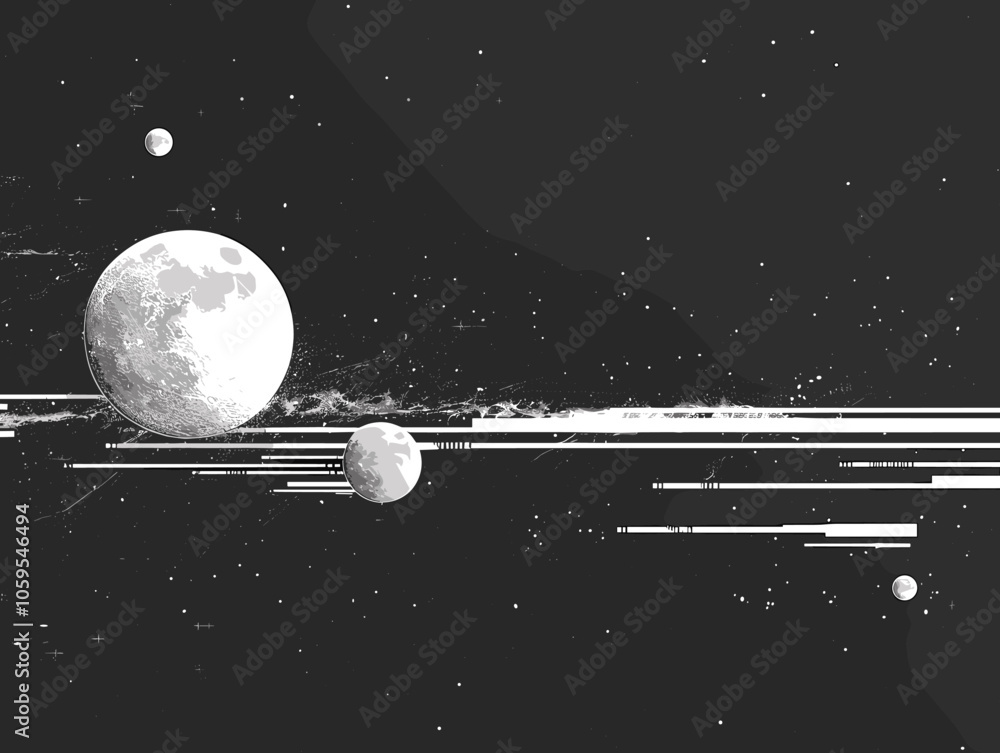 Poster black and white image of a space scene with a large moon and two smaller moons. the image has a mood