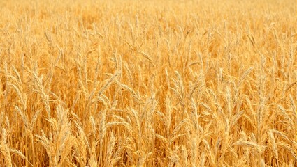 Golden wheat field with tall densely packed stalks under warm sunlight