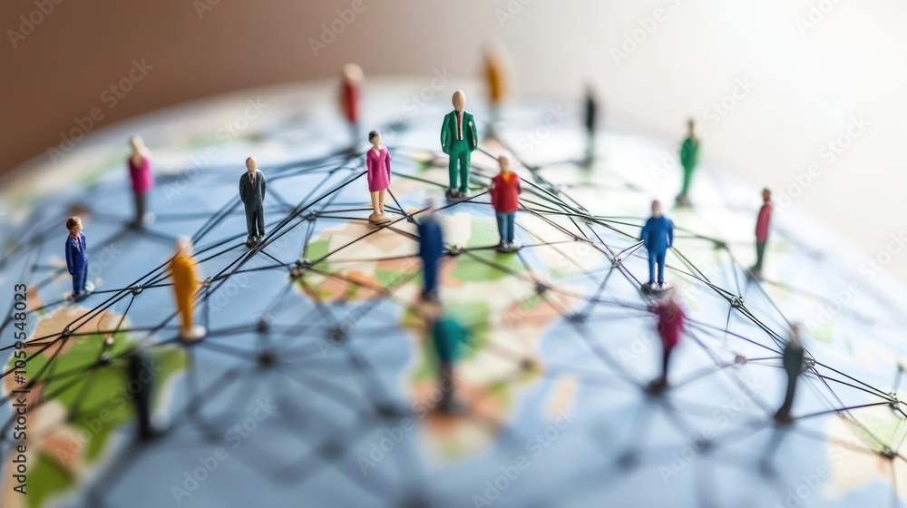 Poster a globe with miniature people connected by lines, symbolizing global networking and communication.