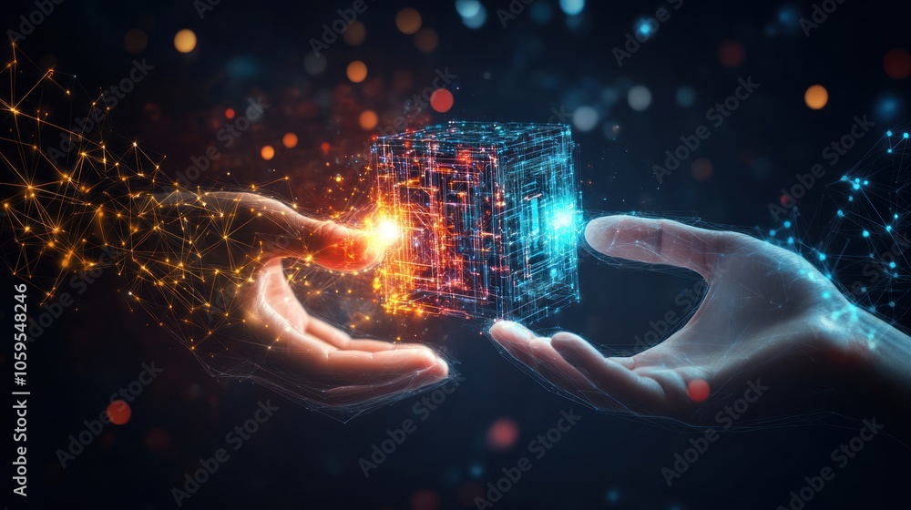 Poster digital connection: hands reaching for a glowing cube