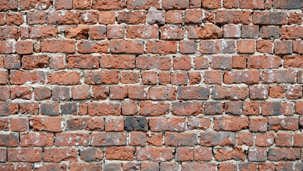 Rustic red brick wall with white mortar patches