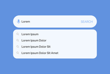 Search bar with suggestions and a pop-up list of search results: search form template designed for websites and UI interfaces. Includes search address and navigation bar icons. Vector illustration.