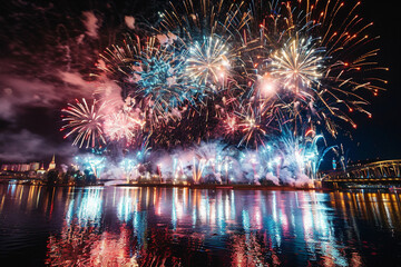 Vibrant Fireworks Reflecting in River for Celebrating Events