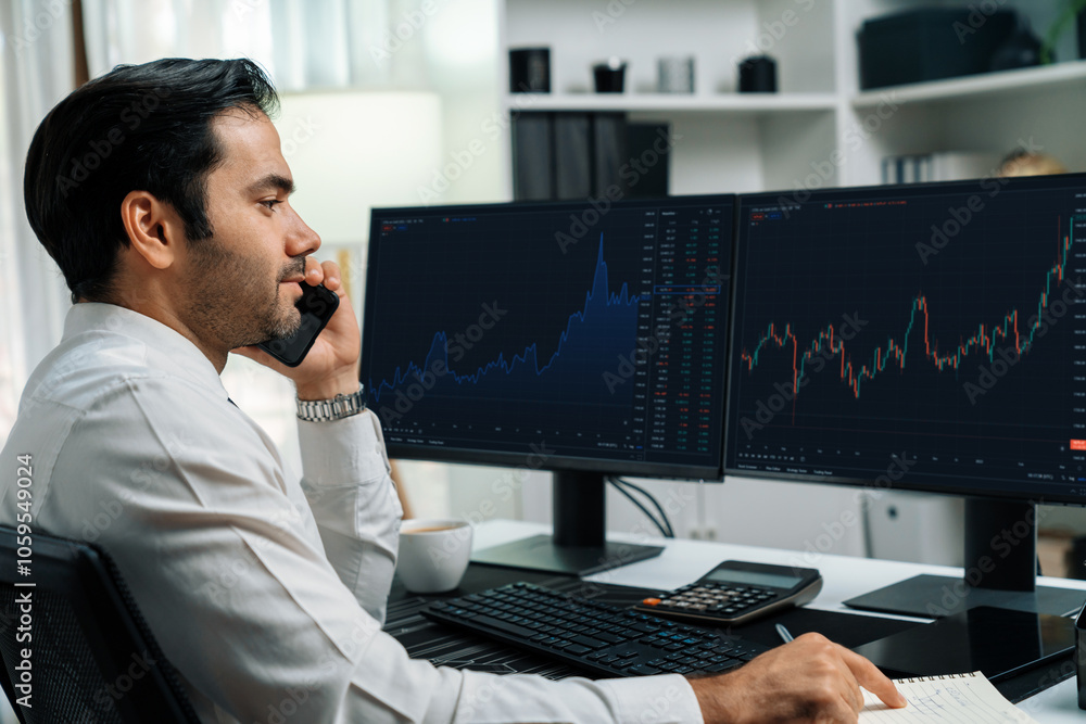 Poster trader businessman calling to consultant or partner with two stock exchange investment, compare data