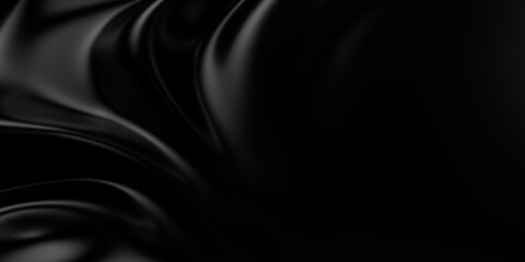 3d soft black waves background. Dark silk crumples. Elegant minimalistic satin ripples backdrop. 3d render illustration
