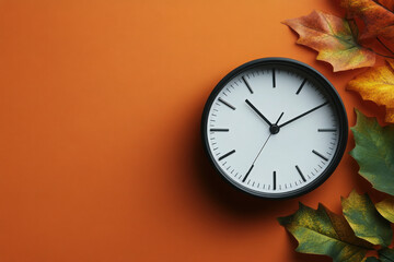White clock on orange background with autumn leaf. Summer time end and fall season coming. Clock turn backward to winter time. Autumn equinox. Daylight saving time ends