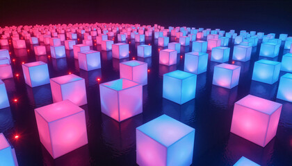Obraz premium Colorful illuminated cubes arranged in a pattern during a nighttime exhibition in a modern venue