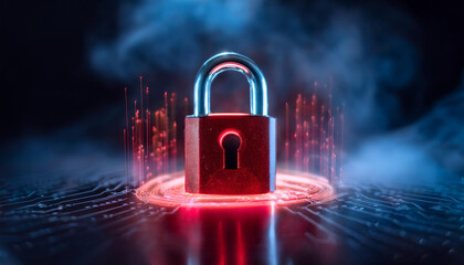 Glowing red digital lock, dark smoky backdrop. Cybersecurity, online safety, protection 3D rendering