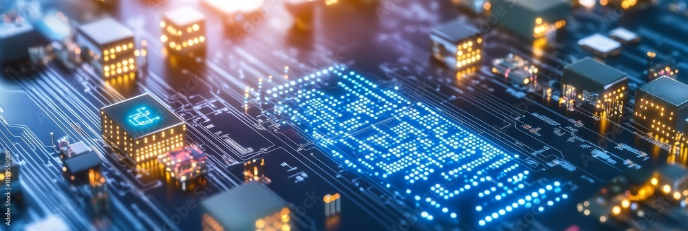 Poster close-up of circuit board with glowing microchip, modern technology and digitalization concept.