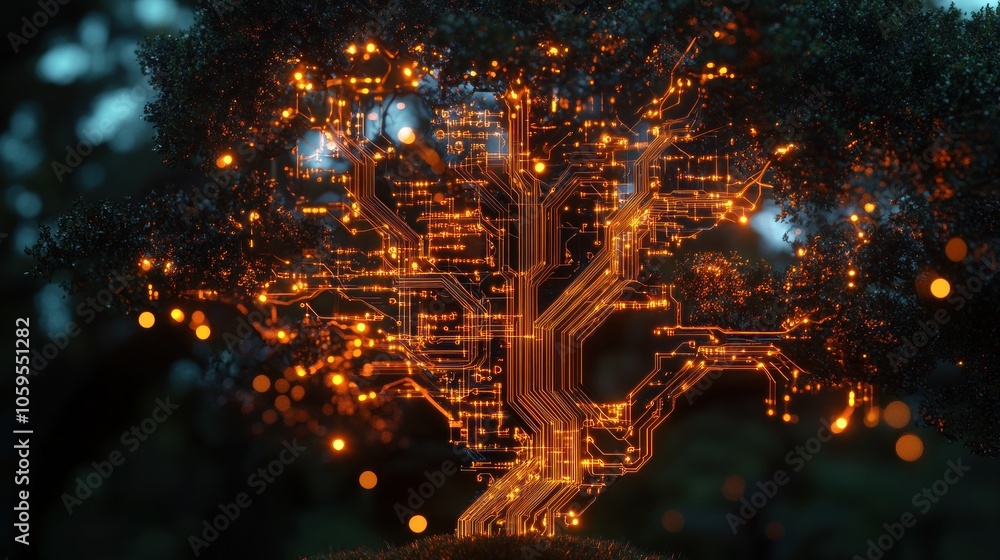 Poster a digital tree made of circuit patterns, symbolizing the fusion of nature and technology.
