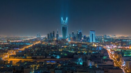 Naklejka premium Nighttime Panorama of Riyadh Cityscape with Illuminated Skyscrapers