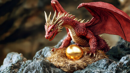 Fototapeta premium Majestic red dragon guarding golden egg on rocky nest. Dragon Egg Nest. Illustration