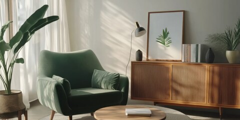 Fototapeta premium Contemporary Living Room with Wooden Sideboards and Plant Accent