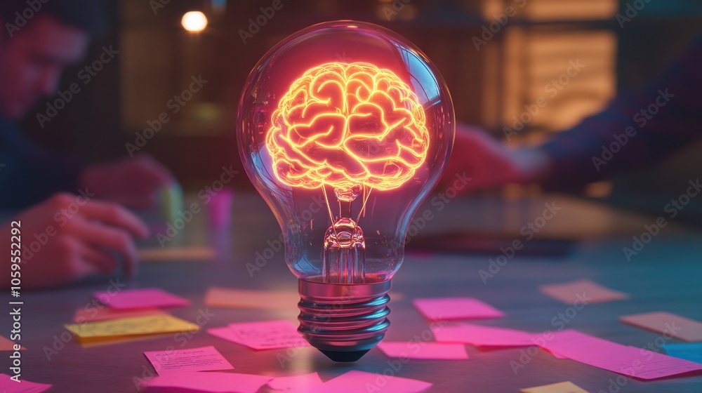 Poster a glowing light bulb with a brain design, surrounded by colorful sticky notes on a table.