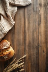 Fototapeta premium Freshly Baked Bread on Rustic Wooden Background with Towel and Cereal Loaf Generative AI