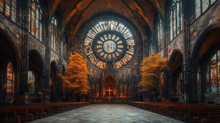 Obraz premium A majestic church interior with a large stained glass window, showcasing the intricate design and architectural beauty. 