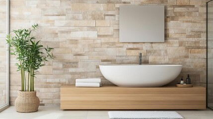 Fototapeta premium Zen-inspired bathroom, bamboo accents, stone