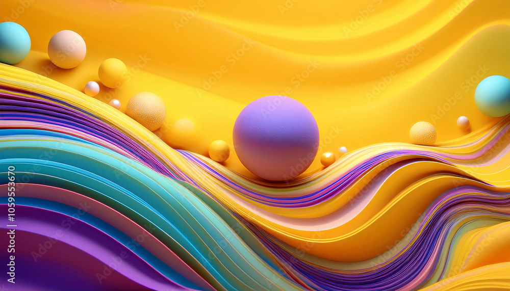 Poster a vibrant abstract composition with colorful paper waves and spheres. generative ai