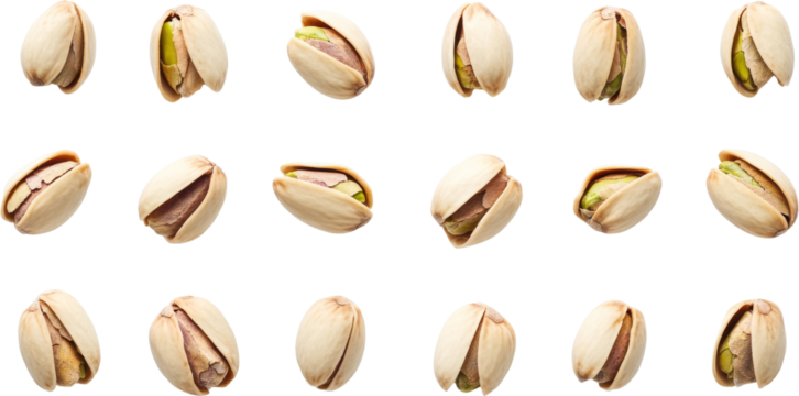 Pistachios arranged in a grid on transparent background, texture and pattern concept