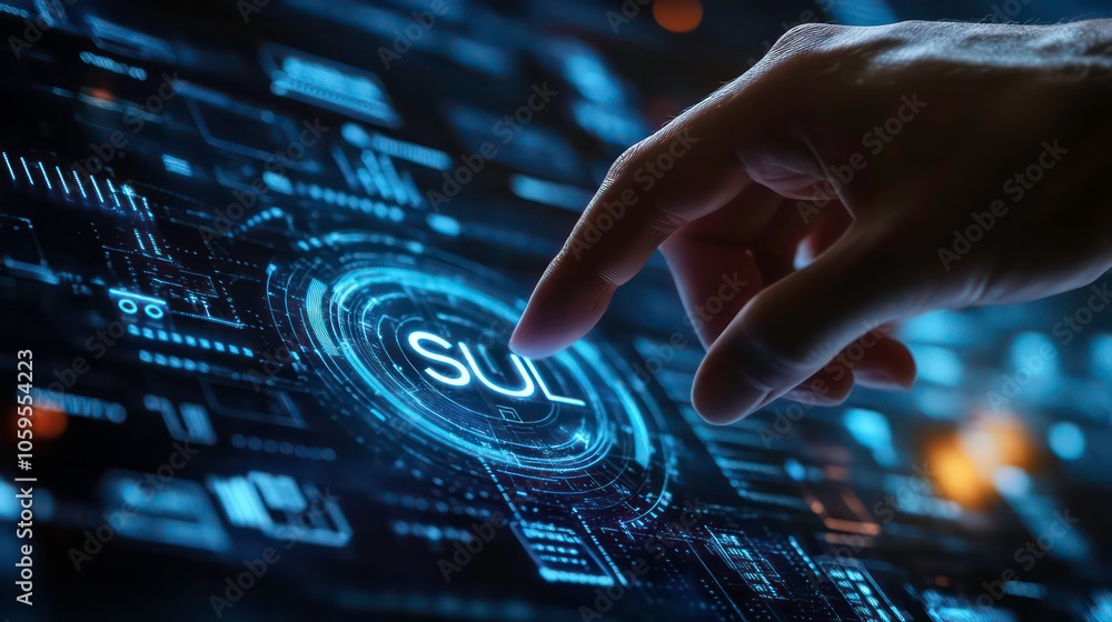 Poster a hand is touching a glowing blue circle with the acronym sul on a computer screen, representing the