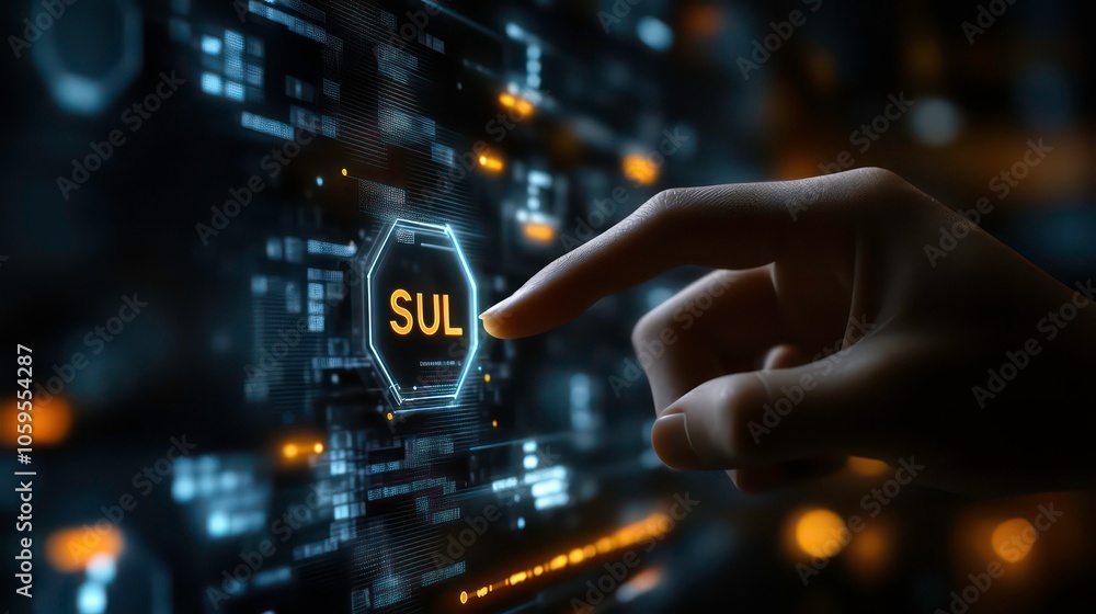 Leinwandbilder A hand points at a glowing hexagon displaying the word 'SUL' on a futuristic technological interface.