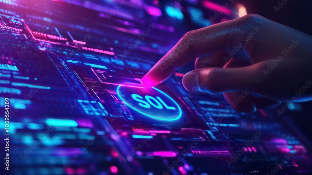 Aufkleber A hand reaches out and touches a glowing blue circle with the word SOL on it. The circle is surrounded by neon lights and a futuristic background of circuits and digital data.