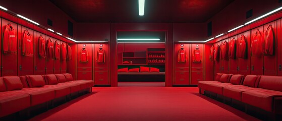 Red locker room with benches, jerseys, and shelves.