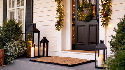 Fototapeta premium A beautifully decorated porch beckons with warm candlelight and twinkling lights, creating a serene winter evening ambiance surrounded by snow and festive touches