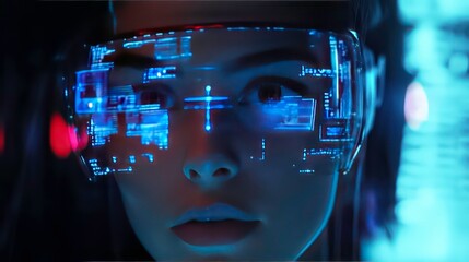 A woman wearing futuristic augmented reality glasses with blue glowing digital displays.