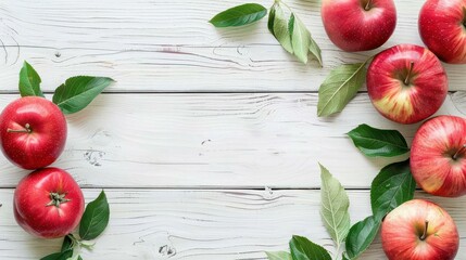 Fresh Green Apples with Leaves on White Wooden Background for Health and Cooking Use