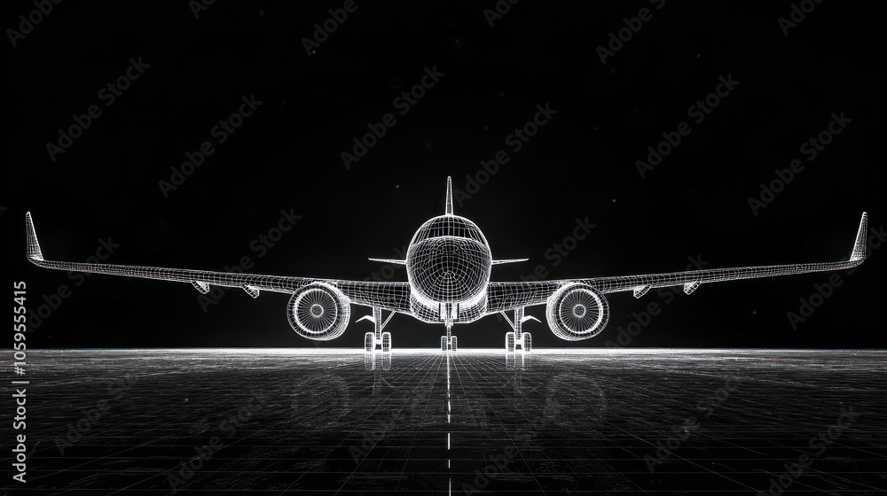 Poster a wireframe representation of an airplane against a dark background, emphasizing design and technolo