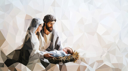 A modern, geometric illustration of the nativity featuring Mary, Joseph, and baby Jesus in a stylized, faceted design, symbolizing Christmas.
