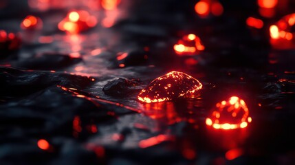 A close-up of glowing red embers on a dark, textured surface.