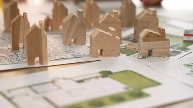 Architect and engineer discuss about building blueprint on table with architectural document, measurement tools scatter around at office, use wooden block for house positioning. Closeup. Delineation.