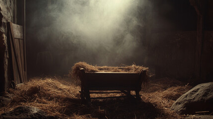 An empty manger filled with straw in a dark, misty stable, symbolizing anticipation and the Nativity scene before the arrival of baby Jesus.
