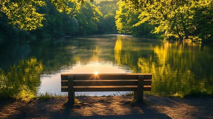 Peaceful riverside meditation spot with natural green surroundings and soft sunlight reflecting on calm water